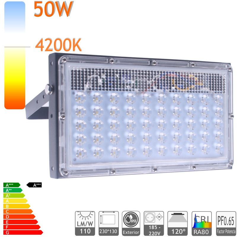 

Proyector LED negro 50W ultra slim ensamblable, blanco Natural 4200K, 4200 Lúmenes para exterior IP65, brazo pared, techo - Jandei