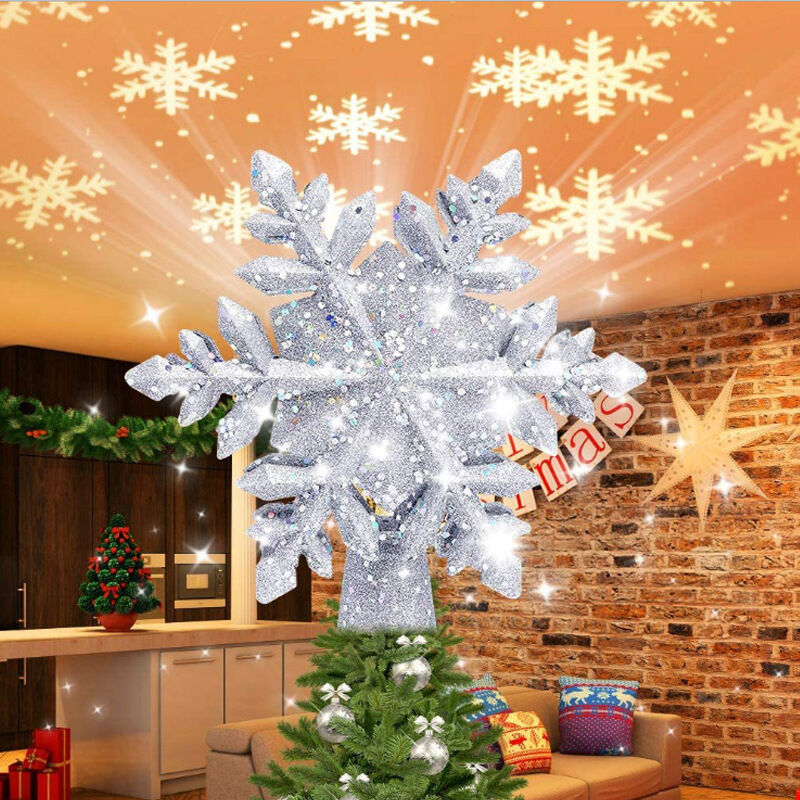 

Proyector LED de copo de nieve plateado en la parte superior del árbol de Navidad, árbol de Navidad de estrella giratoria 3D de Luminous