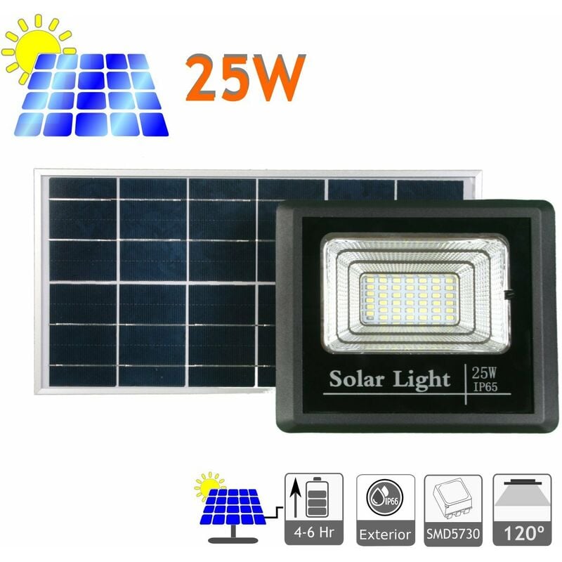 

Proyector led solar 25W 465 lúmenes con panel separado bateria litio, mando a distancia, jardin, patio, callejón, patio - Jandei