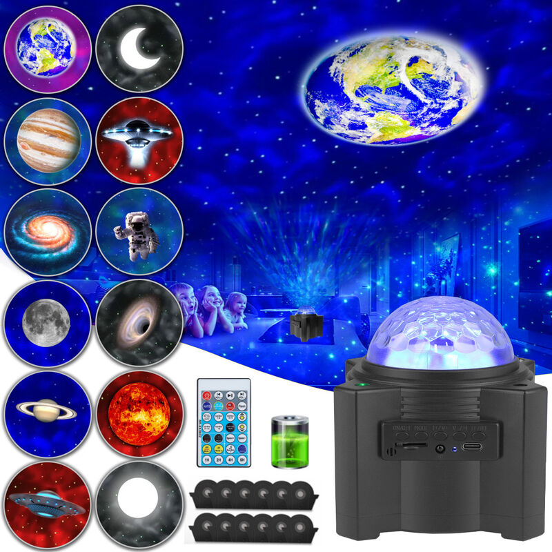 

Proyector Star Sky, proyector LED, luz nocturna recargable para niños con 12 lentes diferentes, lámpara de proyector de brillo ajustable, Bluetooth,