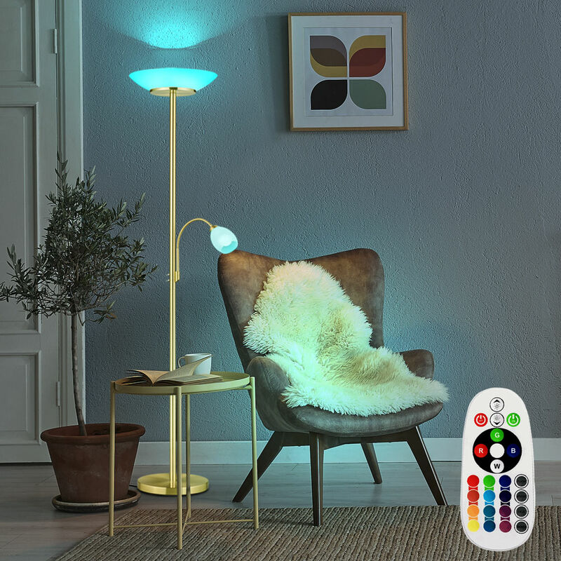 

Proyector de techo, regulable, lámpara de pie de latón, cristal blanco, mando a distancia en un set que incluye bombillas LED RGB