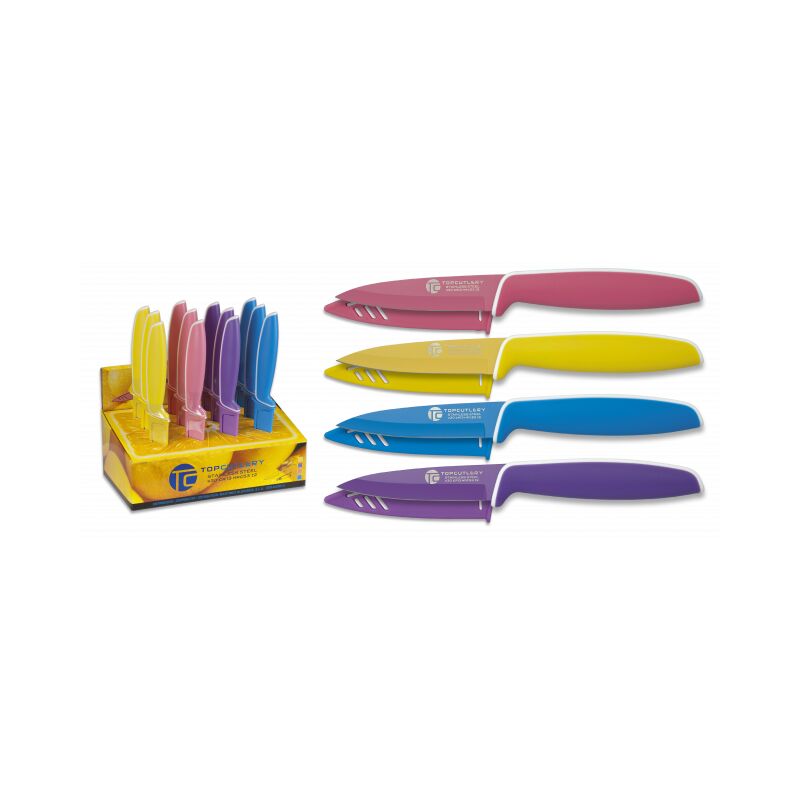 Présentoir avec jeu de 12 couteaux de cuisine Top Cutlery En différentes couleurs, lame de 9 cm, Mango Abs et caoutchouc antidérapant, 17285