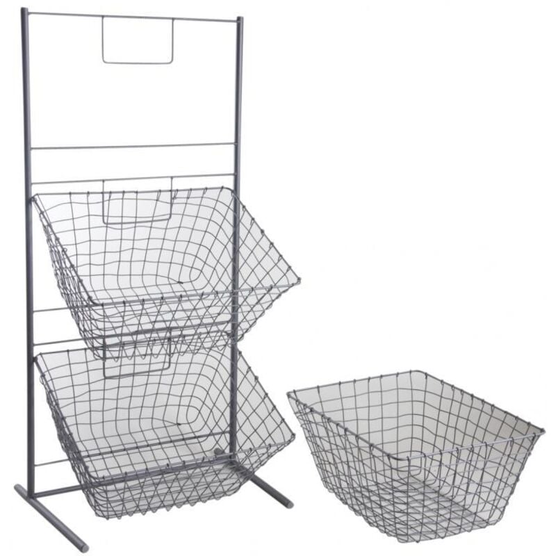 Présentoir + 3 corbeilles grillages en métal gris Corbeilles rondes
