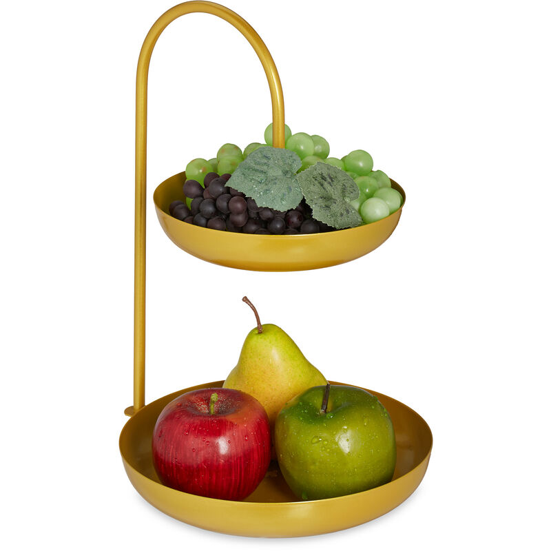 Relaxdays Présentoir à gâteaux, 2 étages, métal, HxLxP : 31x23x20 cm, plateau pour fruits, légumes et biscuits, doré