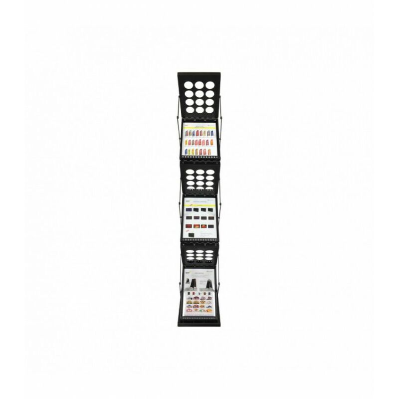 Présentoir pliable zig zag en aluminium noir pour documents format A4 dimensions 156 x 27 cm