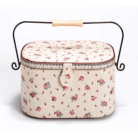 Prym Nähkorb Country Rose-Cestino da Cucito con Manico, in Lino, Metallo, Legno, Colore: Avorio, 30x20.5x19 cm