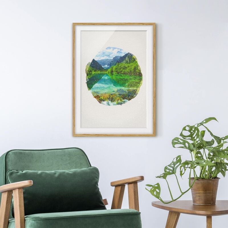 

Póster enmarcado - Acquarelli - Mountain Lake Con Mirroring Dimensión LxA: 70cm x 50cm, Marco: Roble