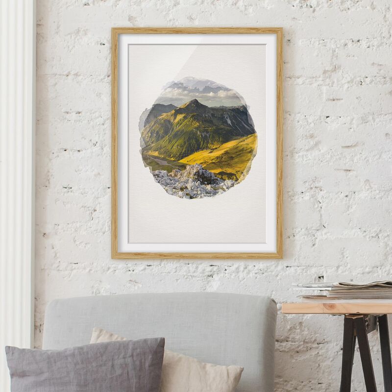 

Póster enmarcado - Acquerelli - Montagne e valle delle Alpi Lechtal in Tirolo Dimensión LxA: 100cm x 70cm, Marco: Roble