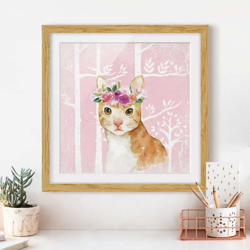 

Póster enmarcado - Acquerello gatto rosa Dimensión LxA: 20cm x 20cm, Marco: Roble