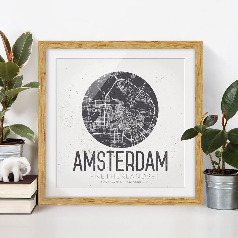 

Póster enmarcado - Amsterdam City Map - Retro Dimensión LxA: 20cm x 20cm, Marco: Roble