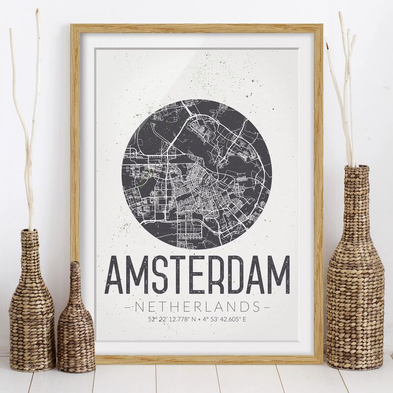 

Póster enmarcado - Amsterdam City Map - Retro Dimensión LxA: 100cm x 70cm, Marco: Roble