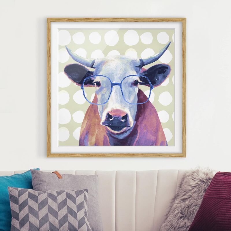 

Póster enmarcado - Animals With Glasses - Cow Dimensión LxA: 20cm x 20cm, Marco: Roble