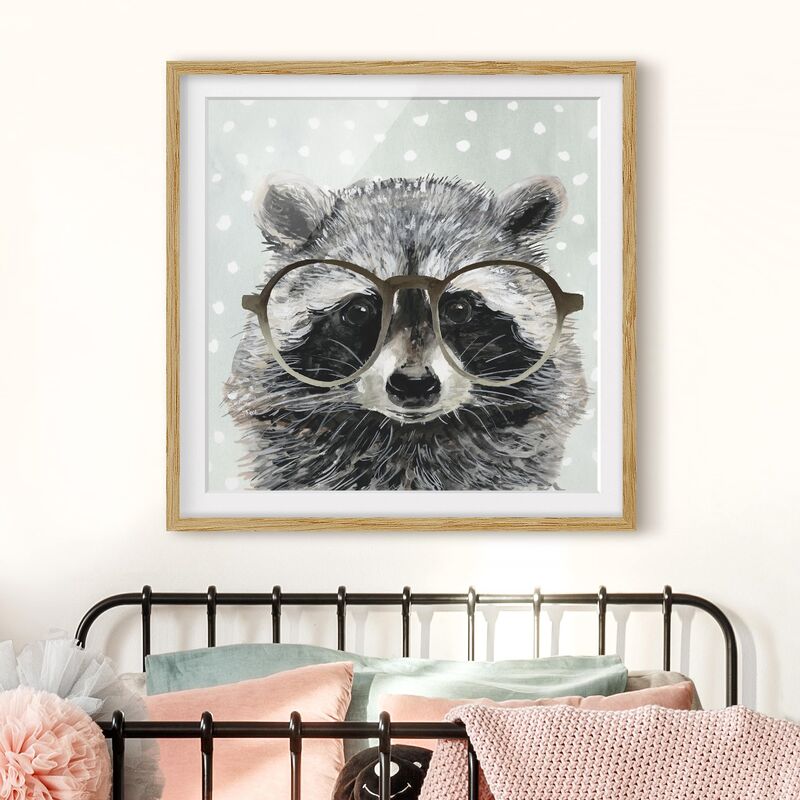 

Póster enmarcado - Animals With Glasses - Raccoon Dimensión LxA: 70cm x 70cm, Marco: Roble