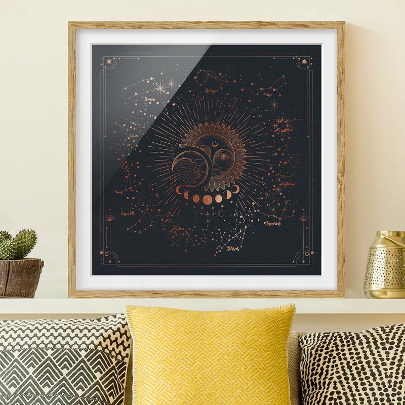

Póster enmarcado - Astrologia Sun Moon And Stars Blue Gold Dimensión LxA: 30cm x 30cm, Marco: Roble
