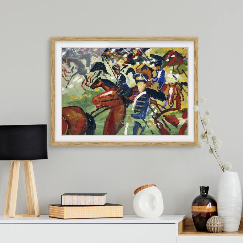 

Póster enmarcado - August Macke - Hussars On The Move Dimensión LxA: 70cm x 100cm, Marco: Roble