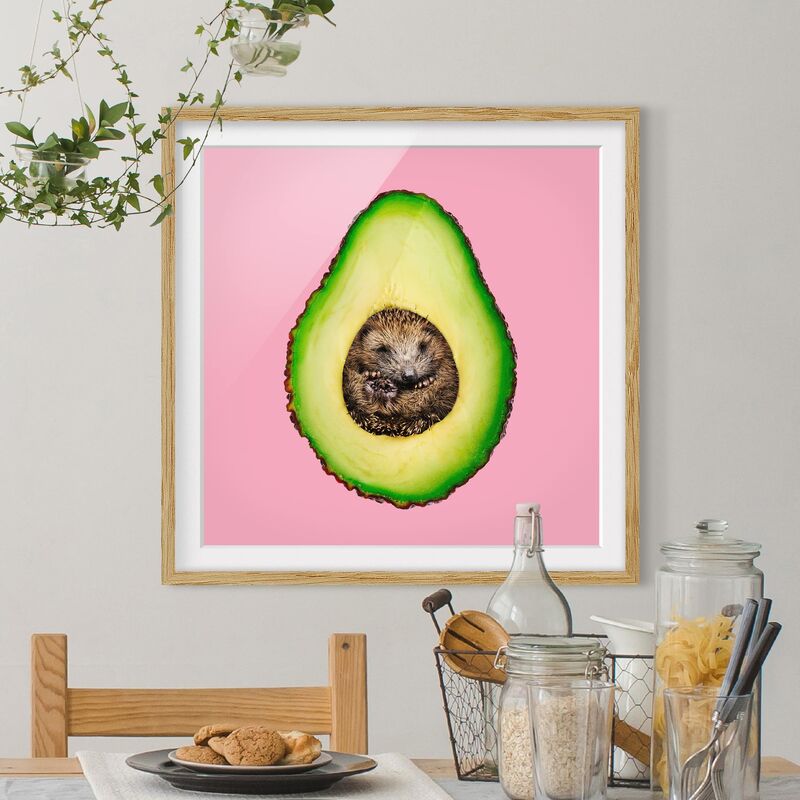 

Póster enmarcado - Avocado Con Hedgehog Dimensión LxA: 20cm x 20cm, Marco: Roble