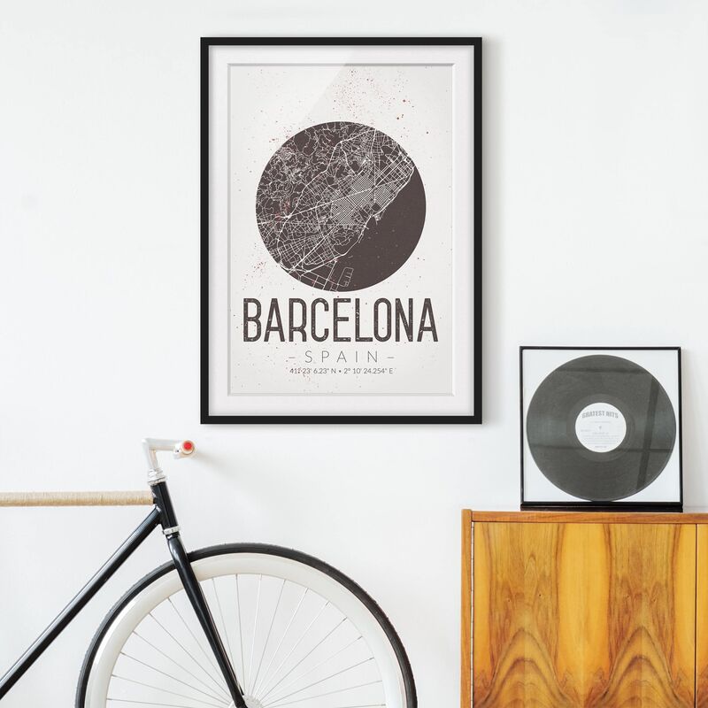 

Póster enmarcado - Barcelona City Map - Retro Dimensión LxA: 24cm x 18cm, Marco: Negro
