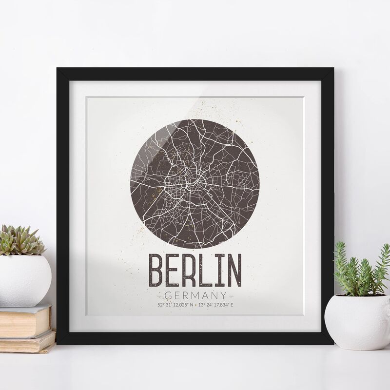 

Póster enmarcado - Berlin City Map - Retro Dimensión LxA: 70cm x 70cm, Marco: Negro