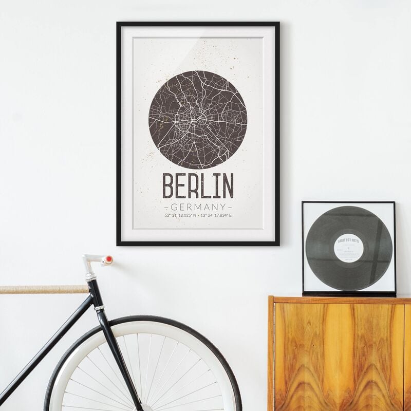 

Póster enmarcado - Berlin City Map - Retro Dimensión LxA: 100cm x 70cm, Marco: Negro