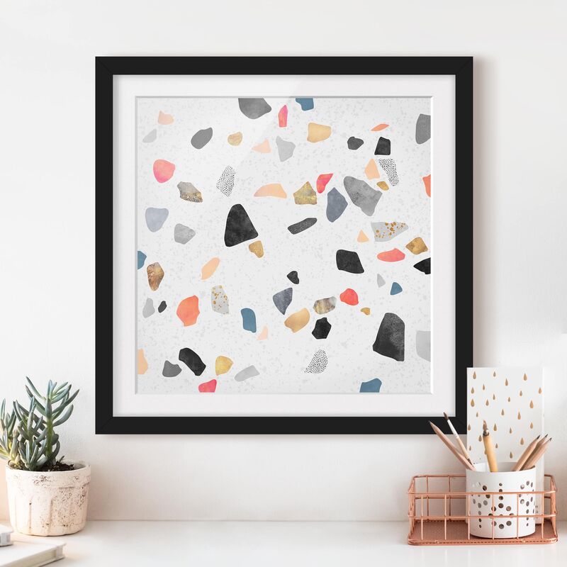 

Póster enmarcado - Bianco Terrazzo con pietre d'oro Dimensión LxA: 70cm x 70cm, Marco: Negro