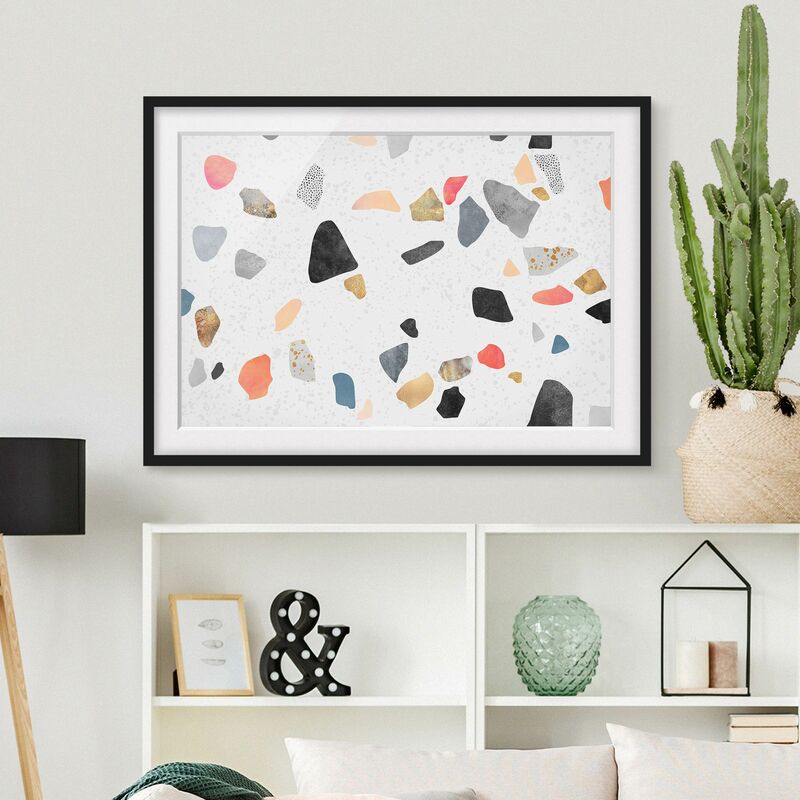 

Póster enmarcado - Bianco Terrazzo con pietre d'oro Dimensión LxA: 18cm x 24cm, Marco: Negro