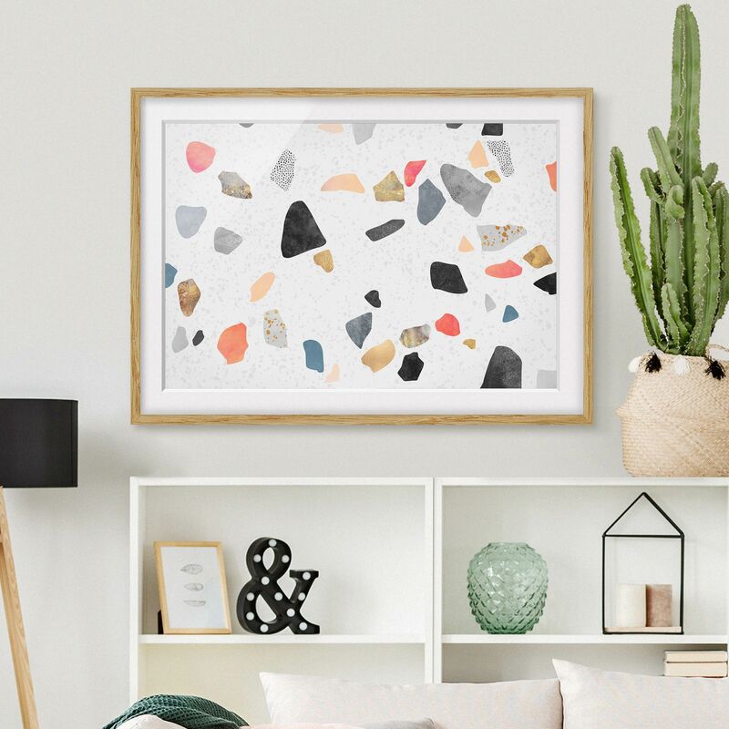 

Póster enmarcado - Bianco Terrazzo con pietre d'oro Dimensión LxA: 40cm x 55cm, Marco: Roble