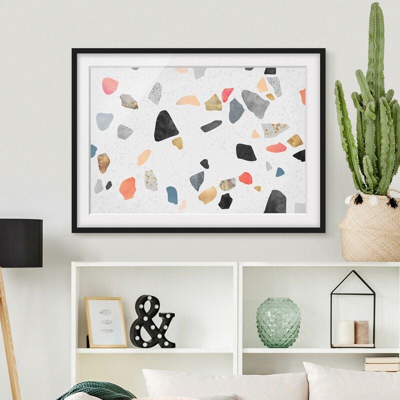 

Póster enmarcado - Bianco Terrazzo con pietre d'oro Dimensión LxA: 40cm x 55cm, Marco: Negro