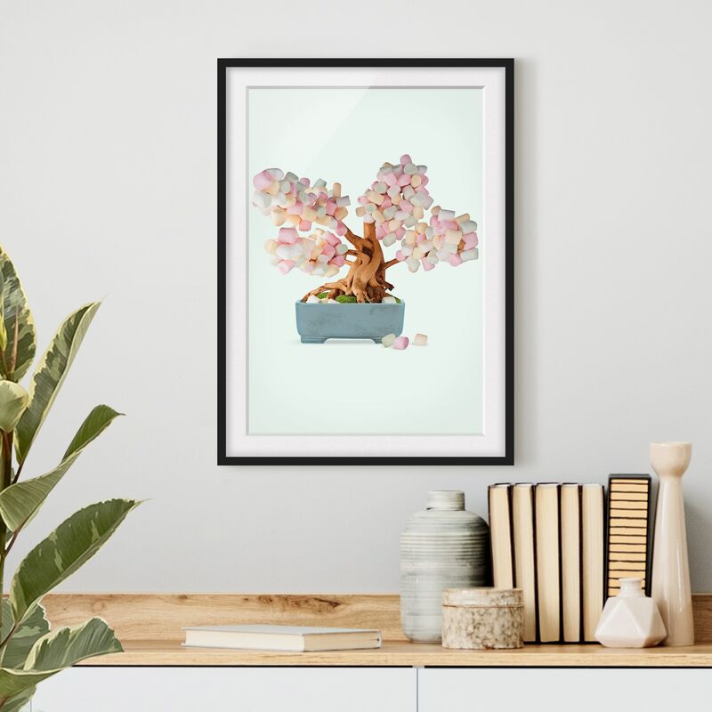 

Póster enmarcado - Bonsai con marshmallow Dimensión LxA: 100cm x 70cm, Marco: Negro