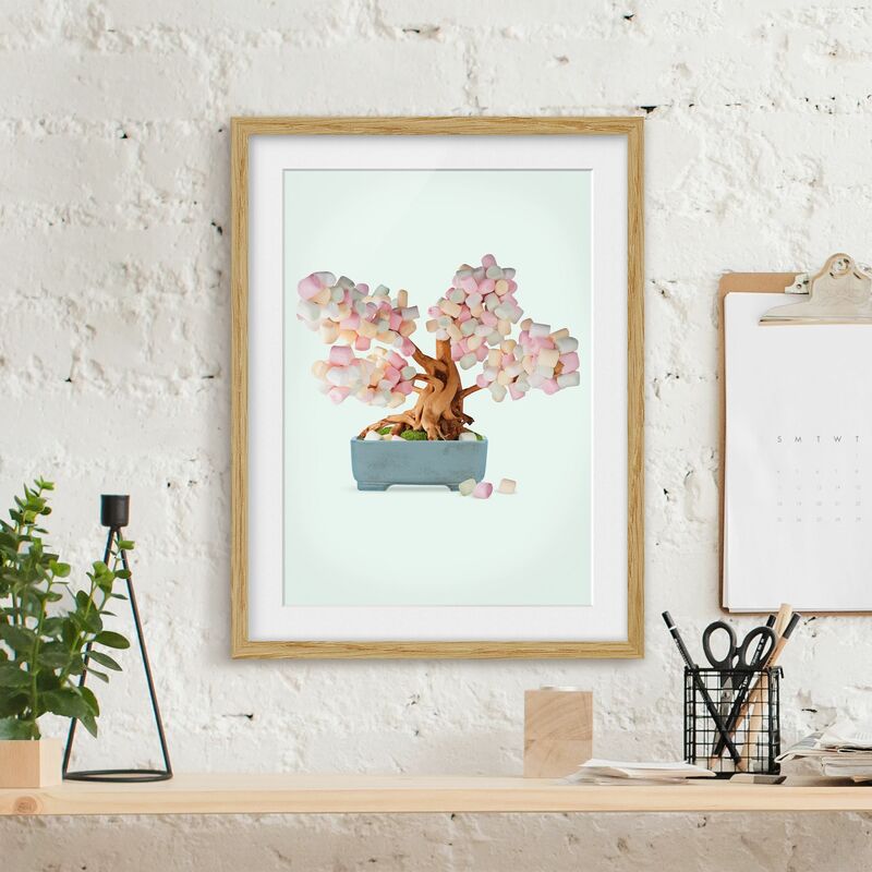 

Póster enmarcado - Bonsai con marshmallow Dimensión LxA: 100cm x 70cm, Marco: Roble