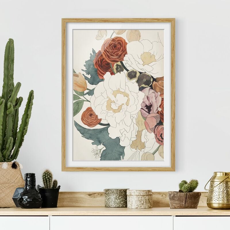 

Póster enmarcado - Bouquet Disegno Di Fiori In Rosso E Seppia Dimensión LxA: 24cm x 18cm, Marco: Roble