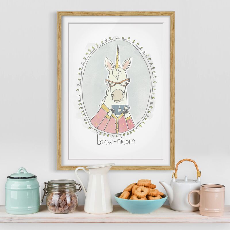 

Póster enmarcado - Caffeinated Unicorn Dimensión LxA: 100cm x 70cm, Marco: Roble