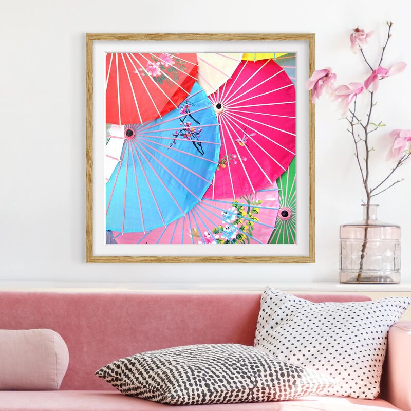 

Póster enmarcado - Chinese Parasols Dimensión LxA: 70cm x 70cm, Marco: Roble