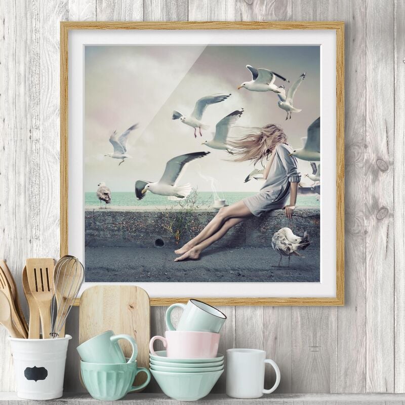 

Póster enmarcado - Coffee By The Sea Dimensión LxA: 50cm x 50cm, Marco: Roble