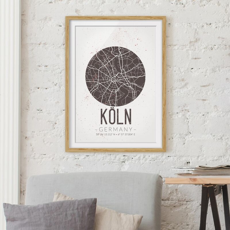 

Póster enmarcado - Cologne City Map - Retro Dimensión LxA: 55cm x 40cm, Marco: Roble