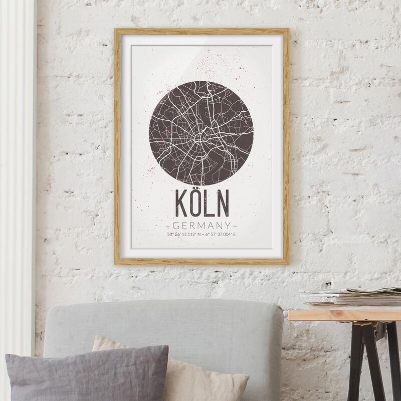 

Póster enmarcado - Cologne City Map - Retro Dimensión LxA: 70cm x 50cm, Marco: Roble