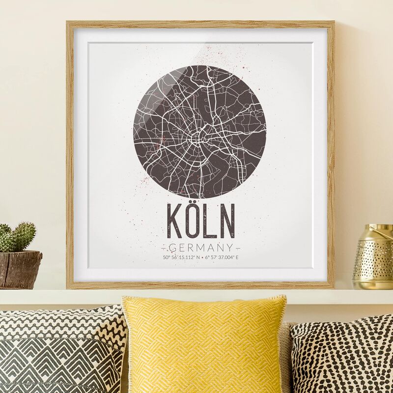 

Póster enmarcado - Cologne City Map - Retro Dimensión LxA: 30cm x 30cm, Marco: Roble