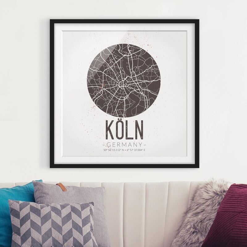 

Póster enmarcado - Cologne City Map - Retro Dimensión LxA: 70cm x 70cm, Marco: Negro