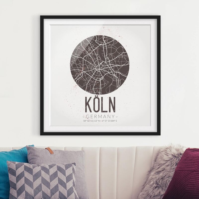 

Póster enmarcado - Cologne City Map - Retro Dimensión LxA: 20cm x 20cm, Marco: Negro