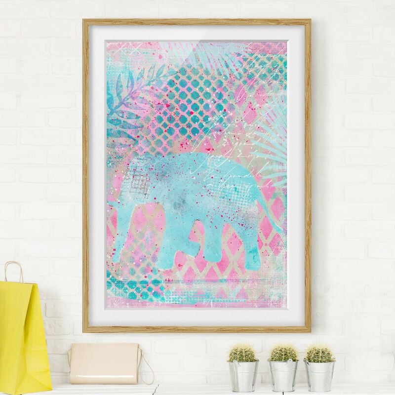 

Póster enmarcado - Colorato collage - Elefante in blu e rosa Dimensión LxA: 100cm x 70cm, Marco: Roble