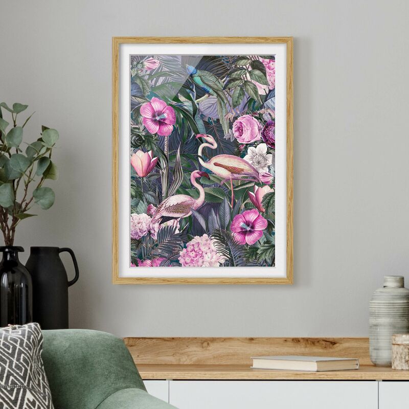 

Póster enmarcado - Colorato collage - Fenicotteri Rosa In The Jungle Dimensión LxA: 100cm x 70cm, Marco: Roble