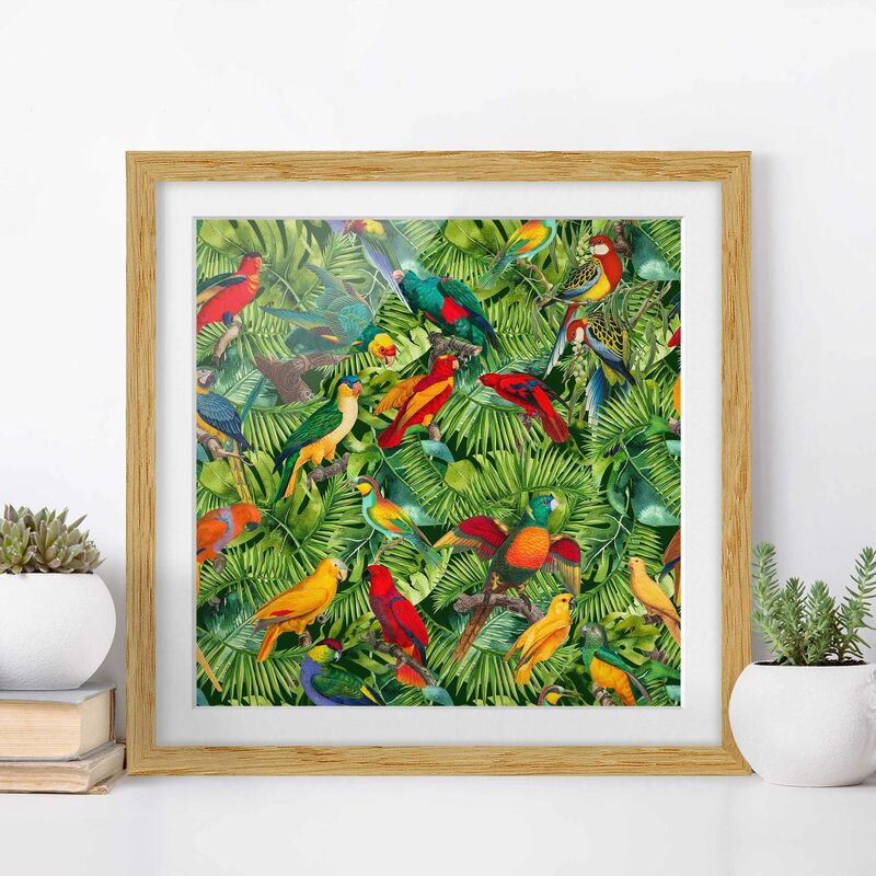 

Póster enmarcado - Colorato collage - Parrot In The Jungle Dimensión LxA: 30cm x 30cm, Marco: Roble