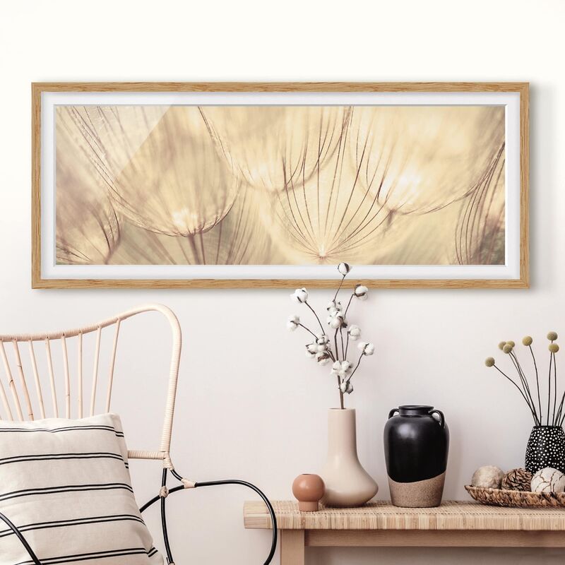 

Póster enmarcado - Dandelions Close-Up In Tonalità Seppia Familiare Dimensión LxA: 20cm x 50cm, Marco: Roble