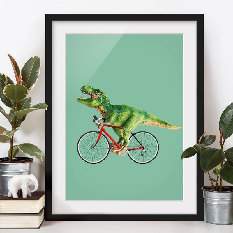 

Póster enmarcado - Dinosauro con la bicicletta Dimensión LxA: 100cm x 70cm, Marco: Negro