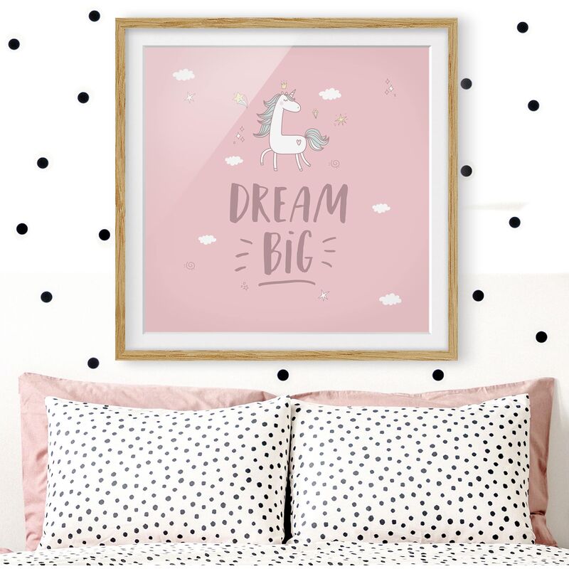 

Póster enmarcado - Dream Big Unicorn Dimensión LxA: 50cm x 50cm, Marco: Roble