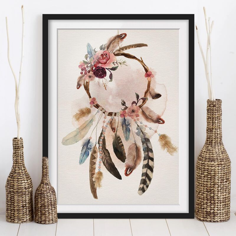 

Póster enmarcado - Dream Catcher With Roses And Feathers Dimensión LxA: 24cm x 18cm, Marco: Negro