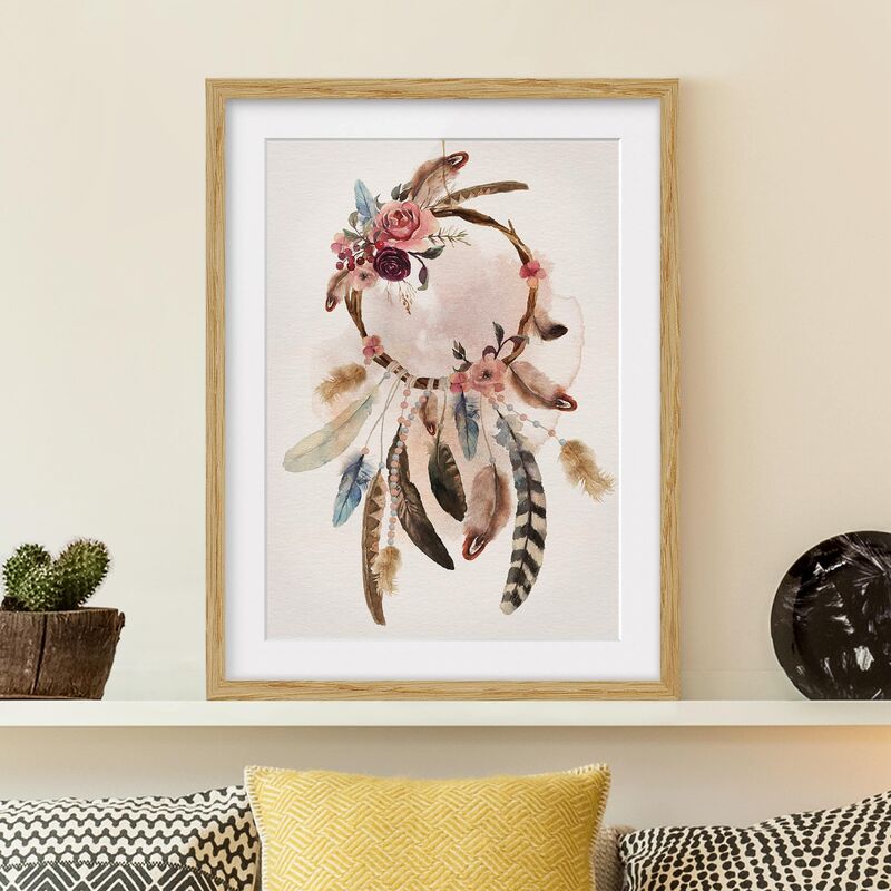 

Póster enmarcado - Dream Catcher With Roses And Feathers Dimensión LxA: 100cm x 70cm, Marco: Roble