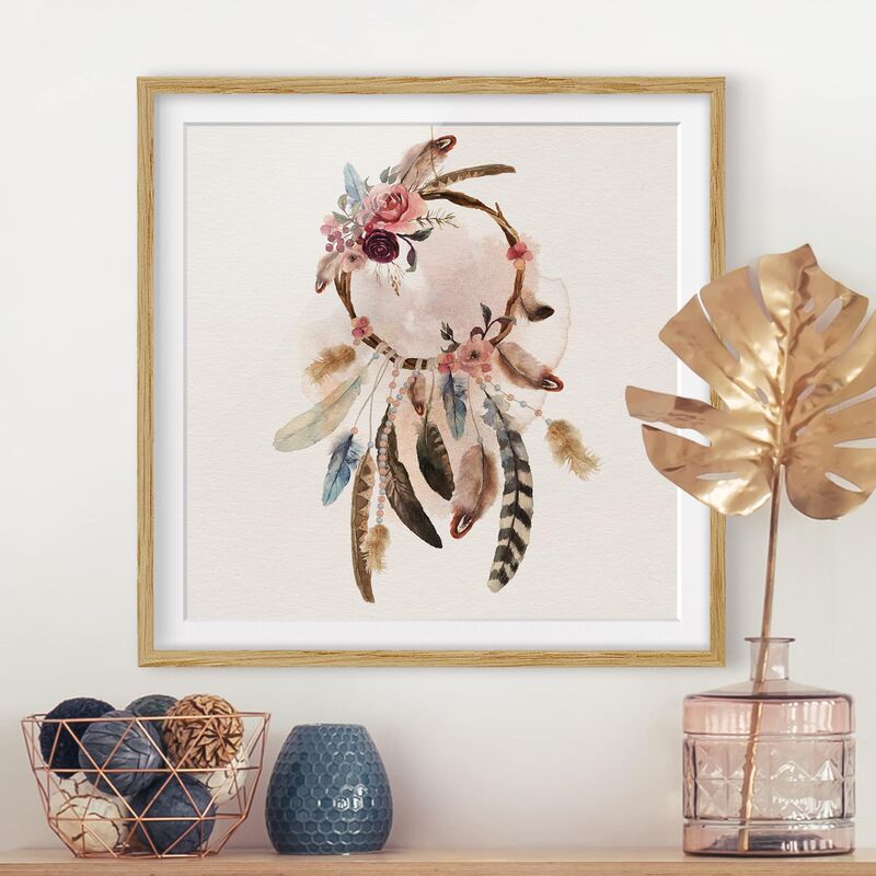 

Póster enmarcado - Dream Catcher With Roses And Feathers Dimensión LxA: 20cm x 20cm, Marco: Roble