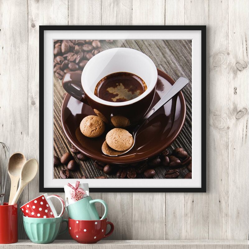 

Póster enmarcado - Fagioli della tazza di caffè con il caffè Dimensión LxA: 70cm x 70cm, Marco: Negro