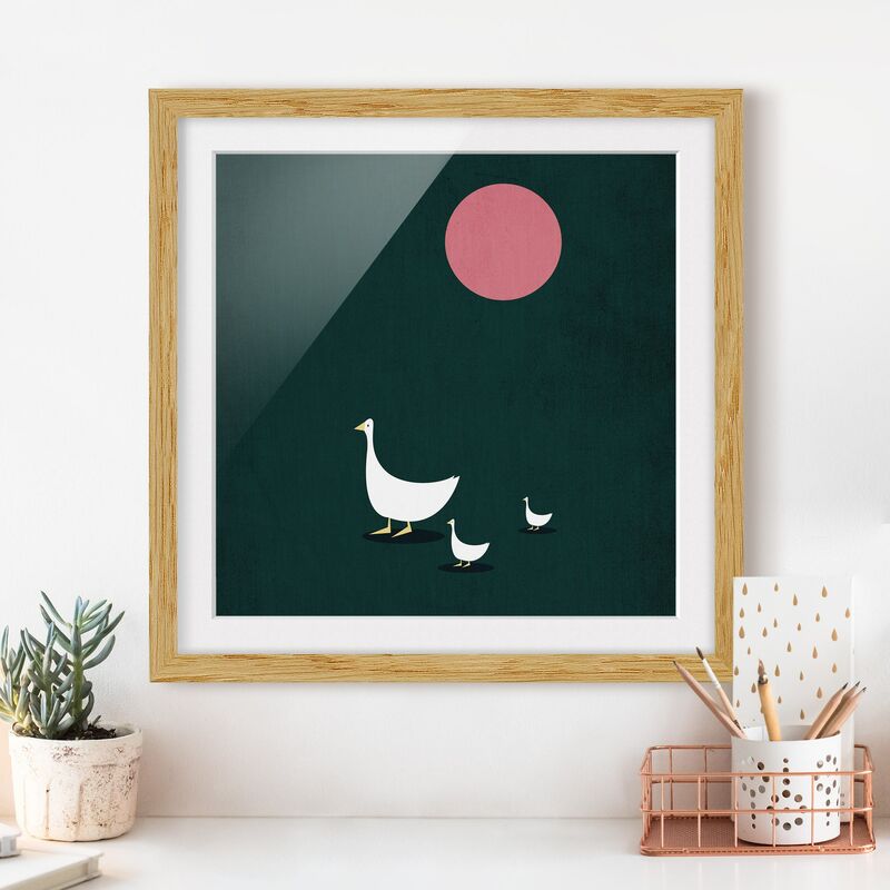 

Póster enmarcado - Famiglia di oche a spasso Dimensión LxA: 30cm x 30cm, Marco: Roble