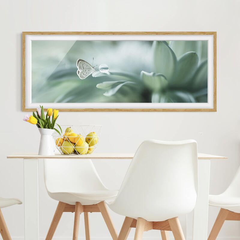 

Póster enmarcado - Farfalla E Gocce di rugiada In Pastel Verde Dimensión LxA: 40cm x 100cm, Marco: Roble